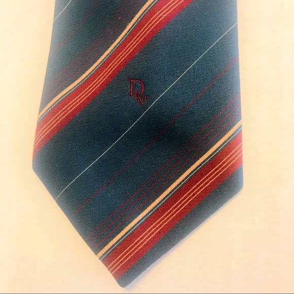 CHRISTIAN DIOR Luxury Tie Slate Blue Tan Red Stripe Tie Paris New York  3.25” - Picture 10 of 13